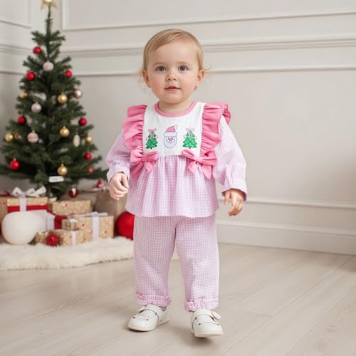 Infant Toddler Baby Girl Christmas Outfit Smocked Long Sleeve Ruffle Shirt Top and Pants Set Fall Winter Clothes4
