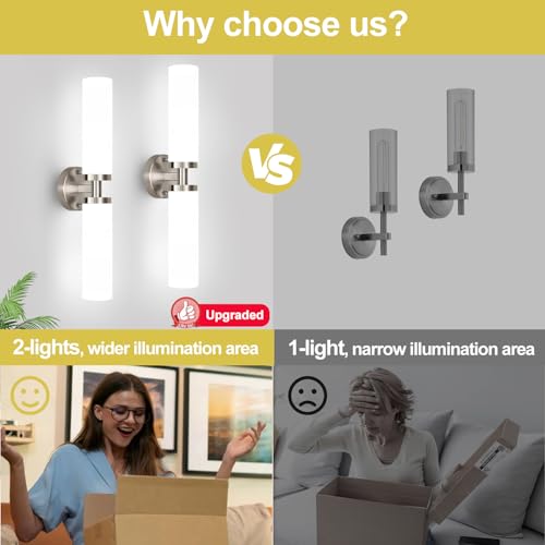 Image of Wall Sconces Set of Two, Brushed Nickel Gold Bathroom Sconces Wall Lighting with Milky White Glass, Hardwired Modern Sconces Wall Decor Set of 2 Bathroom Light Fixtures for Mirror Living Room Bedroom