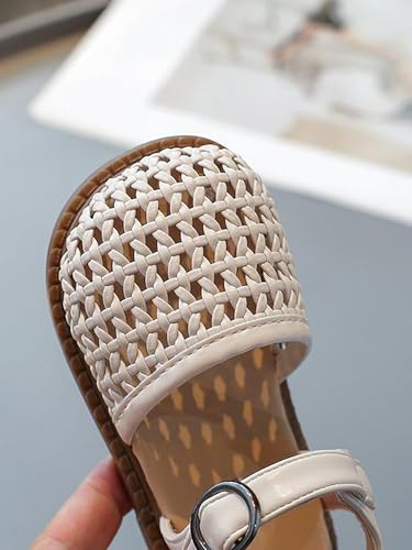 Verdusa Girl's Closed Toe Braided Sandals Summer Vacation Ankle Strap Bowknot Flat Sandals White and Beige 1.53