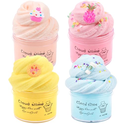 4 Pack Cloud Slime Kit, Soft and Non-Sticky Stress Relief Toy for Girls Boys Education, Party Gift and Birthday Gift, Kid Fun Toys