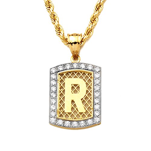 LoveBling 10K Yellow Gold Dog Tag Initials Charm Pendant w/CZ Border (Available from A-Z) (R) Mississippi 