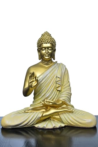 Image of Beautiful Sitting Buddha Idol Statue for Home & Garden Living Room | Healing Spirit Blessing Buddha Statue - 15 Inch Size (Golden + Cream)