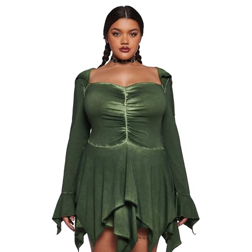 Dolls Kill F is for Fairies Hooded Mini Dress by Current Mood - Fabric Dress with Hoodie for Fairycore Fashion - Green, Large