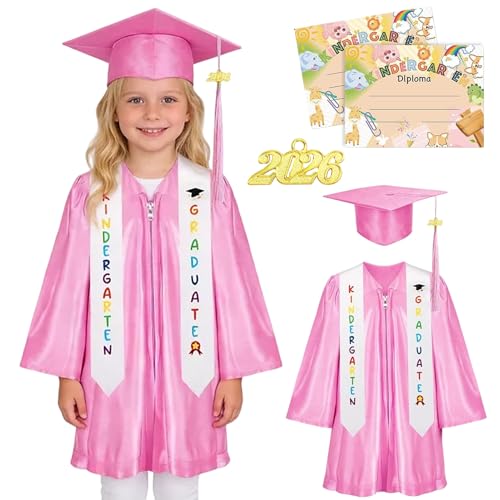 Kindergarten Graduation Gown Cap Set with 2026 Tassel Kindergarten Stole and Certificate for Kindergarten (Pink 33)