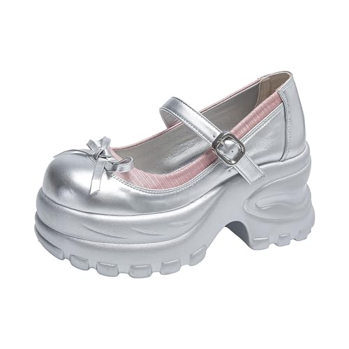 [cnstone] 厚底パンプス 8cm プラットフォーム リボン付き メリージェーンシューズ バックル ストラップ チャンキーソール カジュアル 歩きやすい 美脚 おしゃれ ロリータ風 美脚 通勤 通学 結婚式（シルバー，24.5cm）（Amazon）