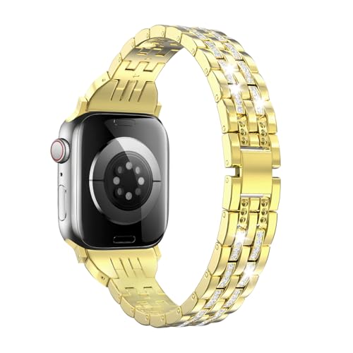 MoKo Correa de Reloj Metálica Compatibles con Apple Watch Series 11/10 42mm, 9/8/7 41mm, SE3/SE2/SE/6/5/4 40mm, 3/2/1 38mm, Correa Metálica Fina Elegante con Diamantes Imitación para Mujer, Oro