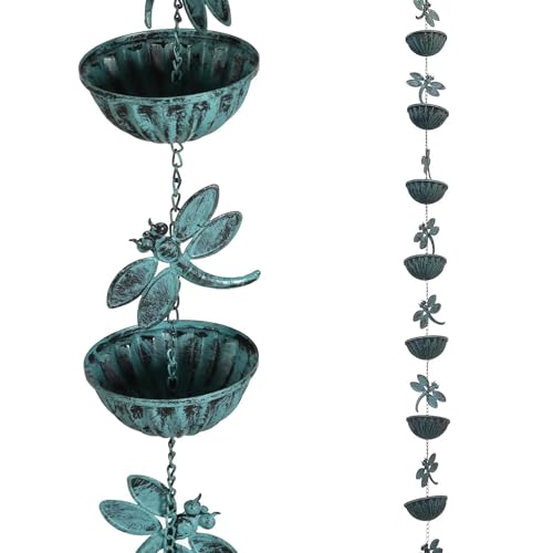Retrome Iron Dragonfly Rain Chain for Gutters, 8.5-Feet Length, Distressed Blue