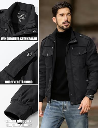 KEFITEVD Übergangsjacke Herren Fleece Gefüttert Fliegerjacke Warme Winterjacke Army Feldjacke Retro Bomberjacke Winter Männer Jacke Schwarz M