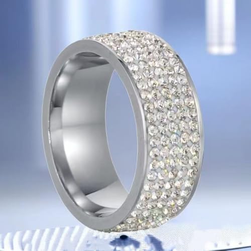 Sparkling Five Row Zircon Stainless Steel Wedding Ring, Silver-1, 13