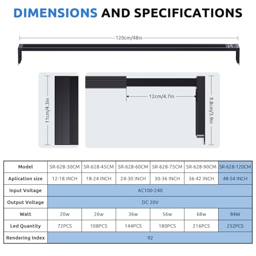 SEAOURA 24/7 LED Aquarium Light for 48-54 Inch Fish Tank, Fish Tank Light for Plants, Auto On Off with Timer, 9 Colors, Adjustable Brightness, Daylight & Moonlight, DIY and Nature Weather Mode, 84W