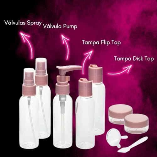 Kit Viagem Frascos 10 Peças Rosa Pote Necessaire Porta Shampoo Condicionador Creme Hidratante Perfum