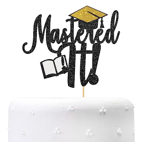 Black Glitter Mastered It Cake Topper - Master's Graduation Cake Topper - Congrats Grad/Class of 2026 Happy Graduation Party Decorations