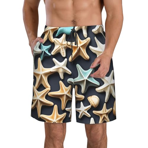 Seashell Starfish Print Mens Casual Shorts Drawstring Summer Beach Stretch Shorts Novelty Swimtrunks