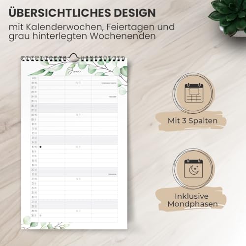 Familienkalender I ODER Kalender für Zwei 2026 I 3 Spalten I 20 x 32 cm I Eukalyptus, Blumen I Partnerkalender 2026 als Monatskalender I Familienplaner I Paarplaner zum Aufhängen