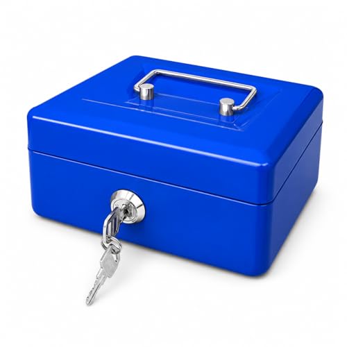 Image of Steel Cash Box with Key Lock, Metal Small Money Organizer with Money Tray,Cash Storage Box with Lockable Cover (Blue-15 * 12 * 8 CM)
