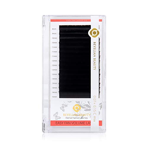 BEYELIAN Hybrid Easy Fan Eyelash Extensions .07mm and .15mm Mixed in 1 Strip Creating Hybrid Sets Volume Fuller Fluffy Look Licensed Lash Artists Use Mix Tray 8-15mm C Curl