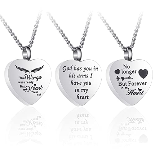 3 Pack Urn Necklace for Ashes Memorial Cremation Jewelry Ashes, Heart Silver Locket Stainless Steel Urns Pendant Keepsake with Different Words & Funnel Kit Bag