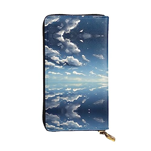Leather Wallet 7.48 x 4.13 in - Stylish and Durable Wallet for Women with Multiple Compartments and Zipper Design Blue sky and white clouds Pattern