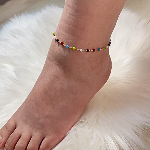 Descount Gold Boho Crystal Beaded Anklet,Colorful Crystal Anklets,18K Gold Plated Handmade Summer Dainty And Delicate Chain Anklet,Friendship Ankle Bracelet For Women #TOP1
