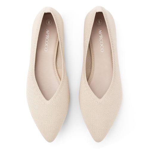 AprCoco Womens Ballet Pointed Toe Knit Flats Lightweight Washable Slip On Flats Shoes for Women Comfort Work Dressy,Size 08,Almond