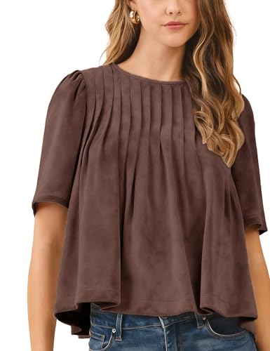Lentta Womens Faux Suede Babydoll Tops Casual Crewneck Pleated Peplum Blouse Short Sleeve Flowy Pullover(Coffee-M)
