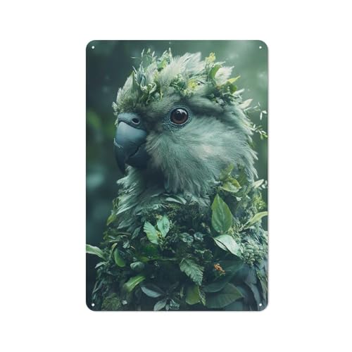 Junmoney Plaque Métal Décorative 30x20cm Pour Terrasse Couverte, Abri De Jardin, Véranda Et Garage, Motif Parrot Covered in Plants And Leaves