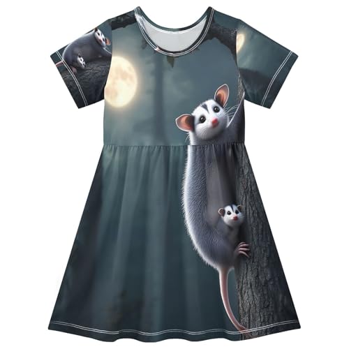Girls Summer Dress Short Sleeve A Line Cute Possum Night Casual Dresses for Kids 2-8 Years