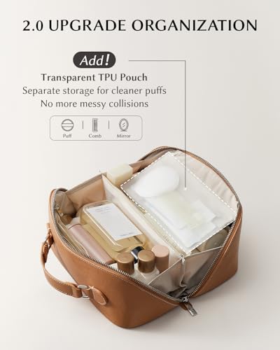 Image of EACHY Travel Makeup Bag, Large Capacity Cosmetic Bag for Women, Waterproof PU Leather, Flat Open Portable Toiletry Bag for Skincare, Brushes & Travel Essentials