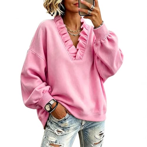 Women's Ruffle Vneck Sweatshirt Oversized Ruffled Hem Fleece Sweatshirts - image 1