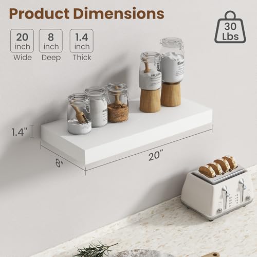 Image of 20 Inch Floating Shelves for Wall, 8 Inch Deep Floating Shelf for Storage & Display, Rustic Wall Mounted Shelf with Invisible Brackets for Living Room, Kitchen, Bathroom, Home Decor, Set of 2, White