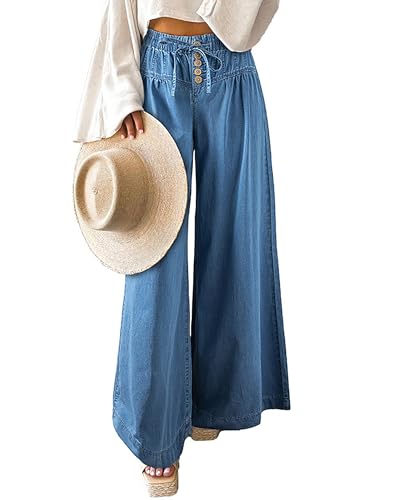 Women's High Waisted Wide Leg Jeans Drawstring Button-up Loose Fit Casual Denim Pants