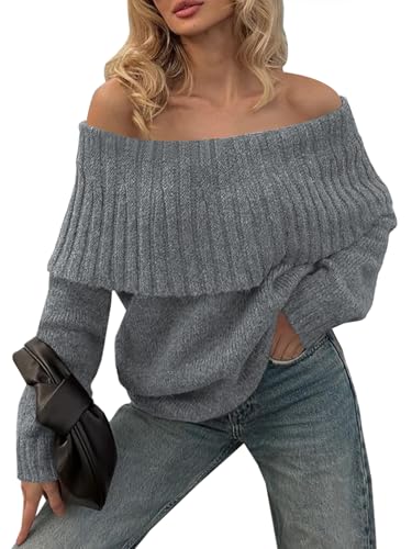 Image of Saodimallsu Womens Off The Shoulder Sweaters Oversized Long Sleeve Loose Ribbed Knit Fall Trendy Pullover Tops