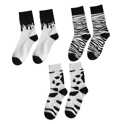 KOMBIUDA Women Cotton Calf Socks 3 Pairs Zebra Cow Pattern Winter