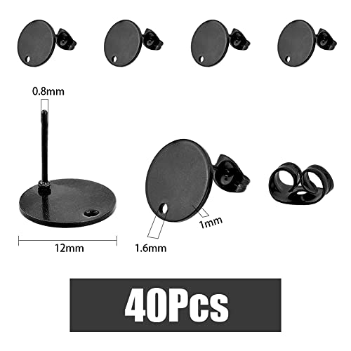 Dicosmetic 40Pcs Flat Round Stud Earring Findings Stainless Steel Earrings Electrophoresis Black Earrings Posts With 1.6Mm Loop And Earring Backs For Diy Earring Making Supplies, Pin: 0.8Mm #TOP1