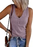 Women's V Neck Tank Tops Ribbed Sleeveless Henley Shirts Button Down T Shirts Slim Fit Tee Tops Purple 2XL