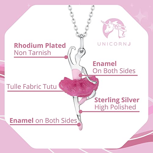 Unicornj Children Teen Sterling Silver 925 Ballerina Ballet Dancer Passe Pendant Necklace Dark Pink Tulle Tutu And Light Pink Enamel 16" Italy #TOP2