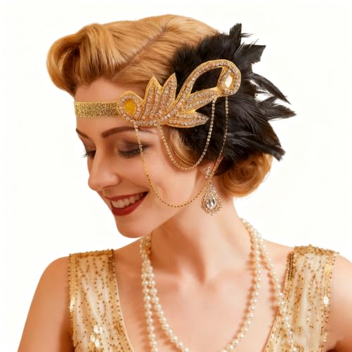 Tongcloud 1920s Flapper Feather Headband with Rhinestones Beaded Great Gatsby Headpiece for Women Showgirl Halloween Cosplay Party (Gold, Medium)