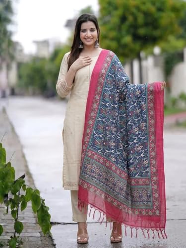 Image of GoSriKi Kurta Set Women Viscose Embroidered | Kurti Set Woman | Kurta Pant Dupatta 3 Piece Outfit | Round-Neck 3 /4 Sleeve Straight Fit Ethnic Wear Ladies Dress Stylish Traditional Clothing