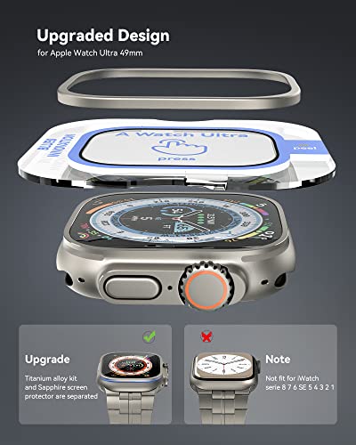 Lululook Screen Protector For Apple Watch Ultra, Sapphire Tempered Glass [𝙎𝙖𝙢𝙚 𝙈𝙖𝙩𝙚𝙧𝙞𝙖𝙡 𝙬𝙞𝙩𝙝 𝙐𝙡𝙩𝙧𝙖 𝙎𝙘𝙧𝙚𝙚𝙣] & Titanium Alloy Bumper Frame Case For Iwatch Ultra, 49Mm Face Covers For Apple Watch #TOP3