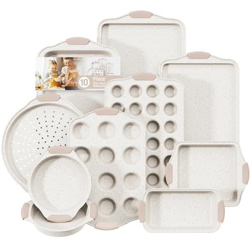 10-Piece Baking Pans Set Nonstick, Stackable Bakeware, Toxin-Free Baking Pans Set with Silicone Handles, Includes Cookie Sheets, Cake Pan, Loaf Pan, Pizza Pan, Muffin Pan, White&Khaki