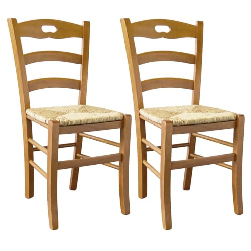 AltoBuy Suzy - Lot de 2 Chaises Teinté Chêne et Assises en Paille