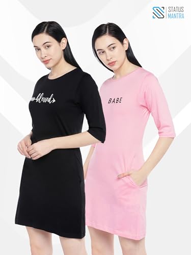 Image of Status Mantra Long T-Shirt Dress for Women - Cotton Knee Length T Shirt Top | 3 /4th Sleeves, Soft Bio-Washed Fabric | Stylish Regular Fit Crew Neck