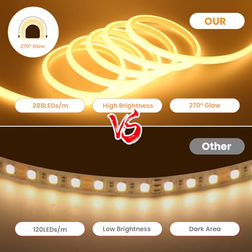 Wisada 230V COB Neon LED Streifen 3m, 270°Beleuchten Licht, Schneidbar (50cm), 288LEDs/m Superhell Flexible Warmweiß FCOB LED Leuchtband Mit Schaltstecker für Weihnachten, Party Deko