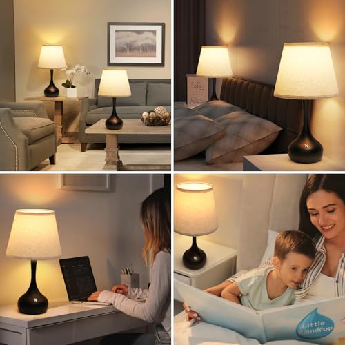 Table Lamps Set of 2, Dimmable Bedside Bedroom Lamps with Touch Control & Fabric Shade, Modern Desk Bed Side Lamp for Living Room Office Nightstand, LED Bulbs Included