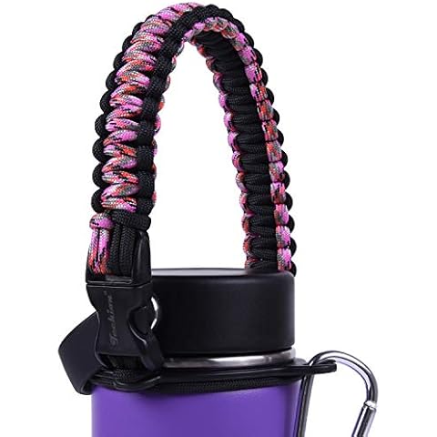 Techion Paracord Handle - Carrier Survival Strap Cord for Hydro Flask Wide Mouth Water Bottle - Fits 12 oz to 64 oz Sports Water Bottle - Pink Camo/Black Cover