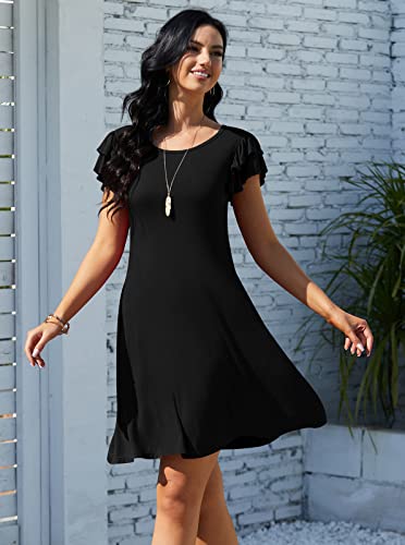 Db Moon Women 2023 Mini Dresses Summer Casual Ruffle Short Sleeve Cute Crew Neck Flowy Dress With Pockets Black #TOP2