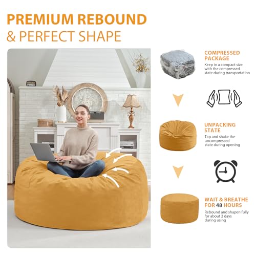 4FT Bean Bag Chair, Large Bean Bag Chairs with Memory Foam Filled, Fluffy Beanbag Sofa with Dutch Velvet Cover, Round BeanBag Chairs for Living Room, Playroom - Mustard