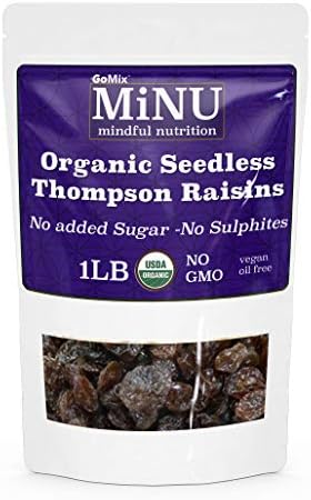 MiNU Organic Thompson Raisins 16 oz (1 lb), MiNU Mindful Nutrition No Sulphur No Added Sugar Unsweetened, Unsulphured, Seedless, Superfood, Raw, Paleo, Vegan, NonGMO, Gluten Free No Nonsense! gomix