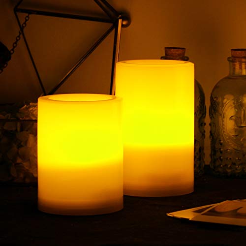2 Outdoor Flameless Battery Operated Led Pillar Candles With Remote Waterproof Flickering Plastic Electric Decorative Lights For Lantern Party Wedding Decoration Garden Patio Home Decor 3X5 Inches #TOP4