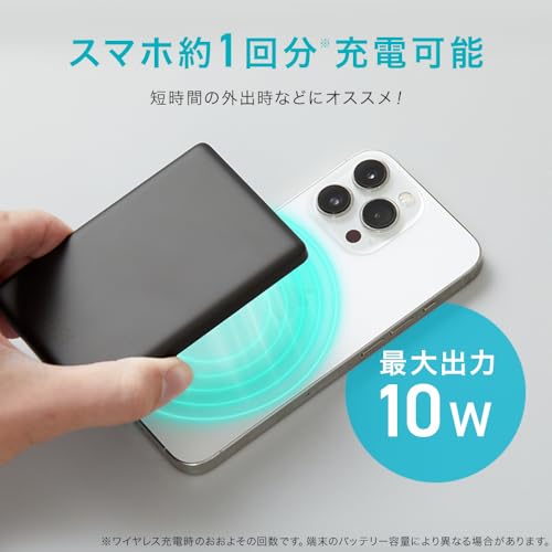 アイリスオーヤマ モバイルバッテリー 5000mAh マグネット充電対応 薄型 軽量 ワイヤレス充電 マグネット式充電 リチウムイオン電池 TW-A05020-B ブラック